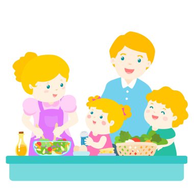 Mutlu aile yemek sağlıklı gıda birlikte çizgi film karakteri vektör