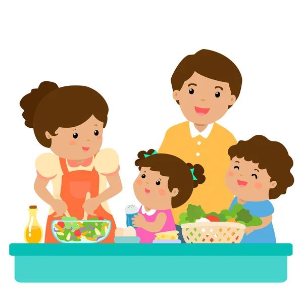 Glücklich Familie kochen gesundes Essen zusammen Zeichentrickfigur Vektor — Stockvektor
