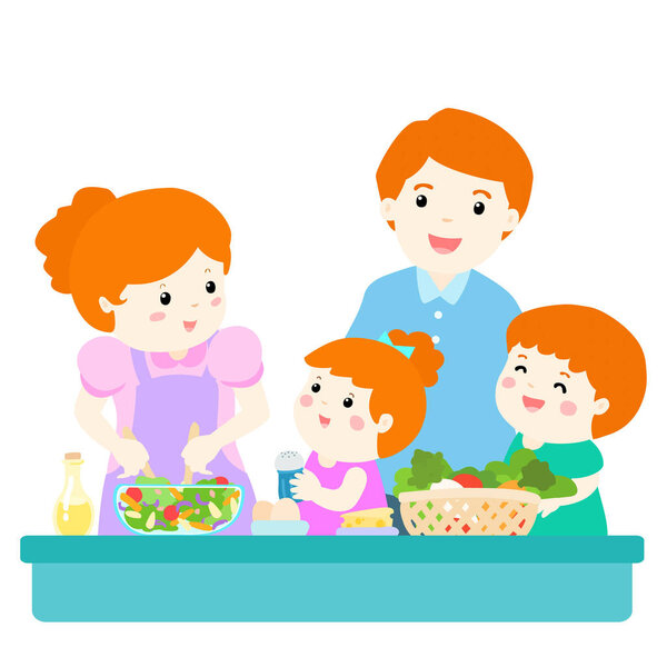 Happy family cook healthy food together cartoon character vector