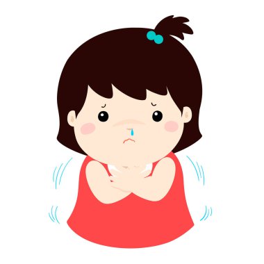 Soğuk bir titreme karikatür vektör ile küçük kız.