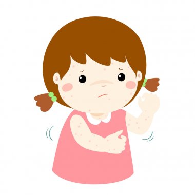 Girl scratching itching rash on his body vector. clipart