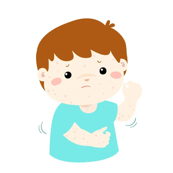 Boy scratching itching rash on his body vector. — Stock Vector