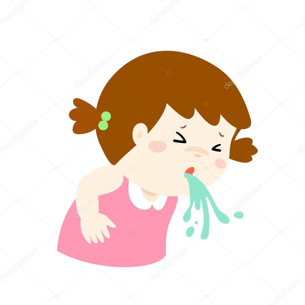 Sick girl vomiting cartoon vector.