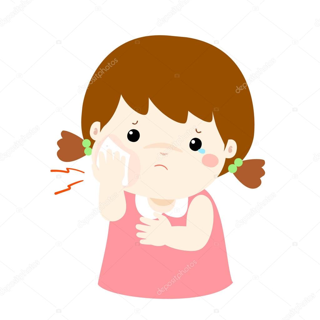 Little girl having toothache cartoon vector.