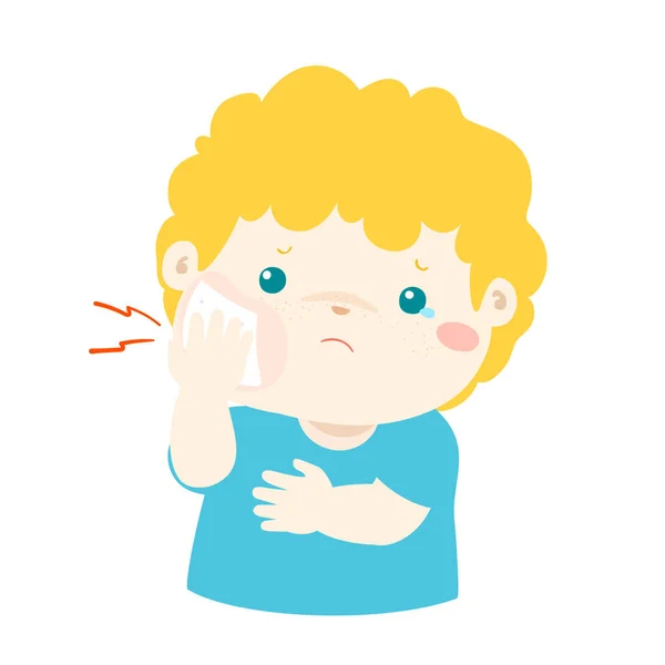 Niño teniendo dolor de muelas vector de dibujos animados . — Vector de stock