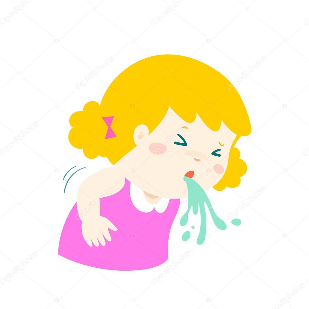Sick girl vomiting cartoon vector.
