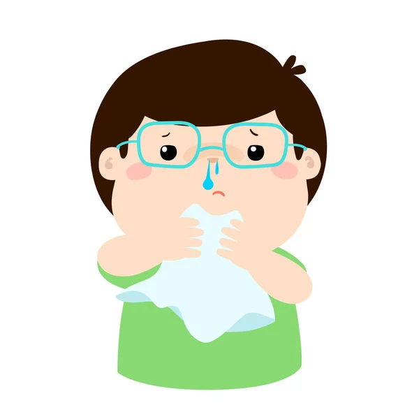 Malade garçon écoulement nasal vecteur . — Image vectorielle