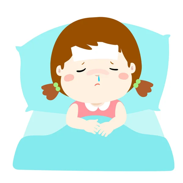 Pequena menina doente na cama cartoon vetor . — Vetor de Stock