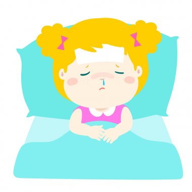 Küçük hasta kız uyurken yatak vektör.
