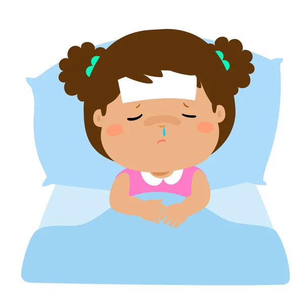 Pequena menina doente dormir no vetor cama . —  Vetores de Stock