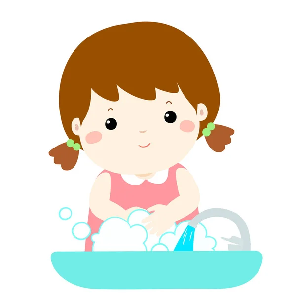 Mignon fille lavage mains vecteur  . — Image vectorielle