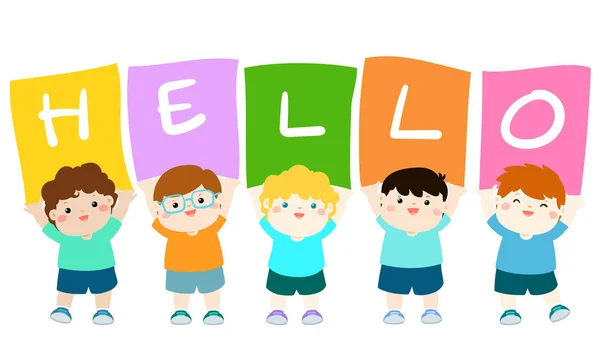 Kids holding hello board vector. — Stock Vector