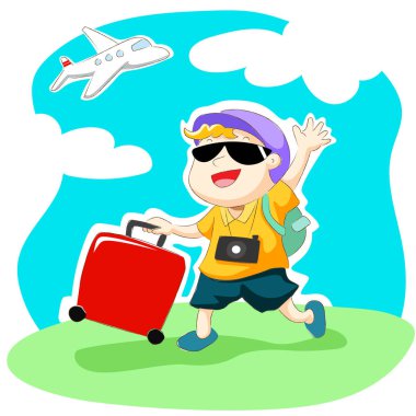Bagaj ve uçak vektör ile mutlu traveler.