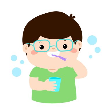 Mutlu çocuk diş fırçalamaya vektör karikatür. 