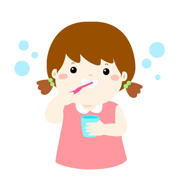 Mutlu kız diş fırçalamaya vektör karikatür. — Stok Vektör
