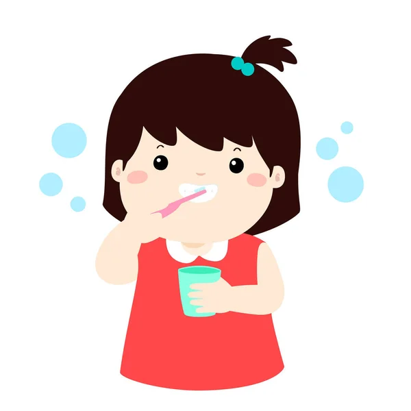 Chica feliz cepillarse los dientes vector de dibujos animados . — Vector de stock