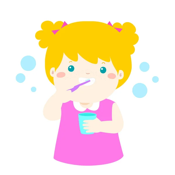 Menina feliz escovação dentes cartoon vetor . —  Vetores de Stock