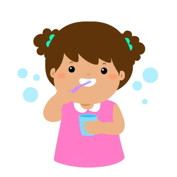 Menina feliz escovação dentes cartoon vetor . — Vetor de Stock