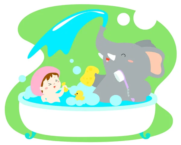 Menina tomar um banho com elefante no vetor banheira . —  Vetores de Stock