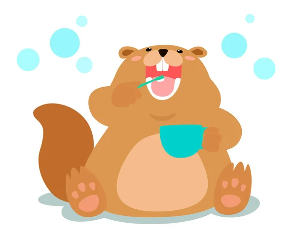 Happy fluffy beaver love brushing teeth cartoon vector. — Stock Vector