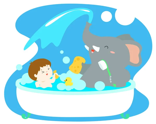 Little boy take a bath with elephant in tub vector. — Stock Vector
