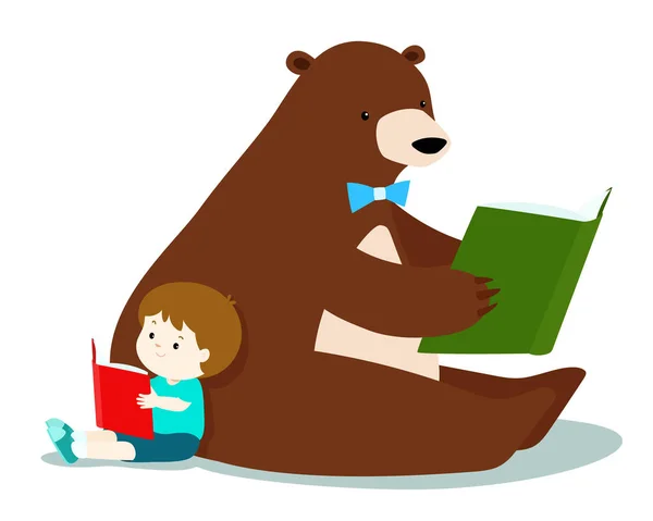 Cute boy and fluffy bear are reading a book vector. — Stock Vector
