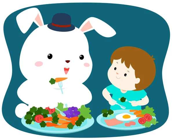 Маленький милый мальчик ест овощи с белым вектором кролика . — стоковый вектор