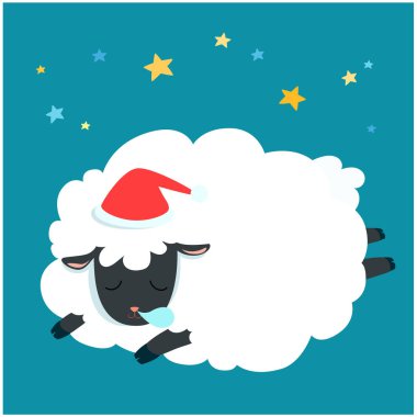 Gece gökyüzüne vektör yıldız ile uyku kabarık koyun karikatür.