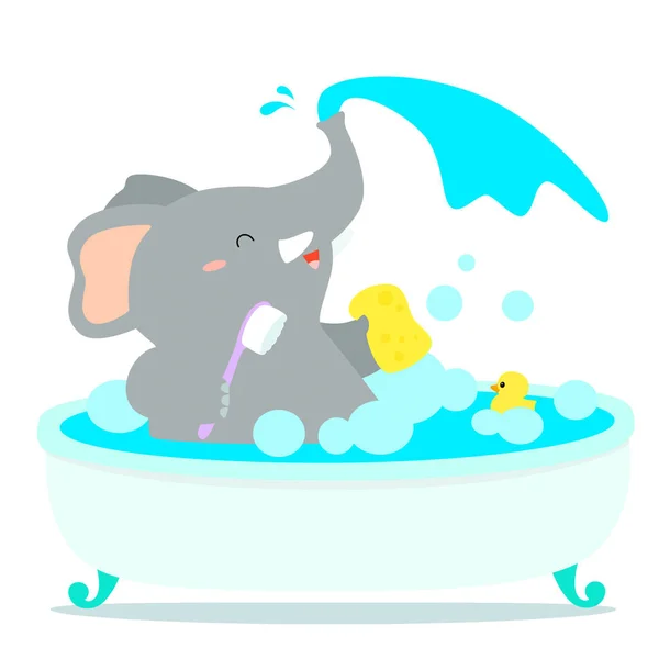 Happy elephant cartoon take a bath in tub vector. — Stock Vector