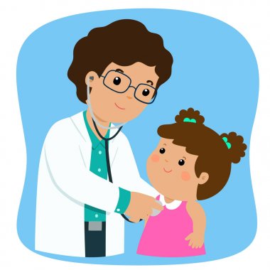 Küçük kız erkek çocuk doktoru doktor karikatür vektör ile tıbbi işaretleyiniz.