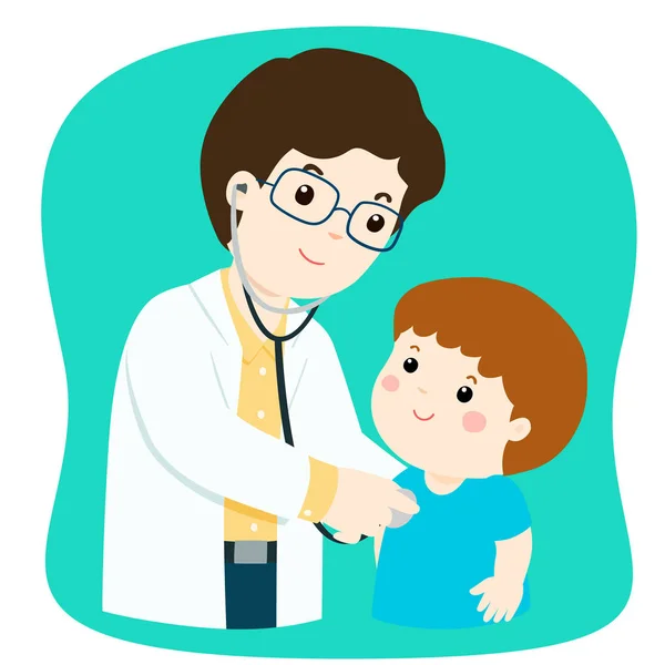 Niño en chequeo médico con coche médico pediatra masculino — Vector de stock