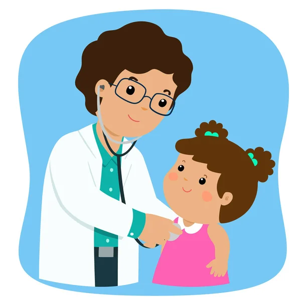 Menina no check-up médico com pediatra masculino médico cartoon vector . — Vetor de Stock