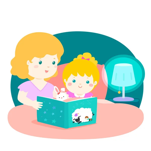 Mutter liest ihrer Tochter eine Gute-Nacht-Geschichte vor. — Stockvektor