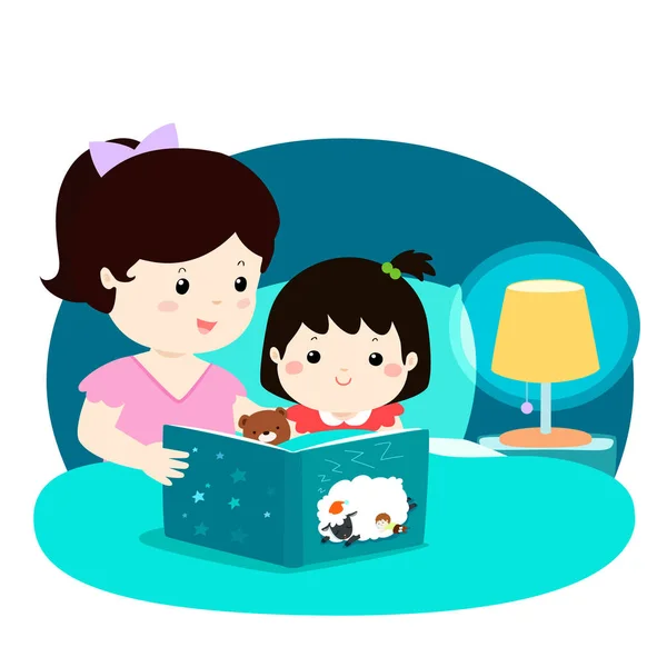 Mom reading a bedtime story to her daughter vector. — Stock Vector