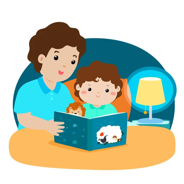 Papá leyendo un cuento a la hora de acostarse a su hijo vector . — Vector de stock