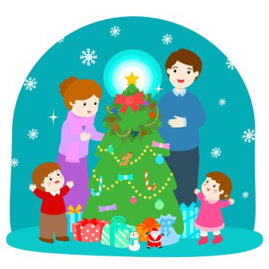 Çizgi film vektör çizim Noel ağacı, mutlu bir aile .