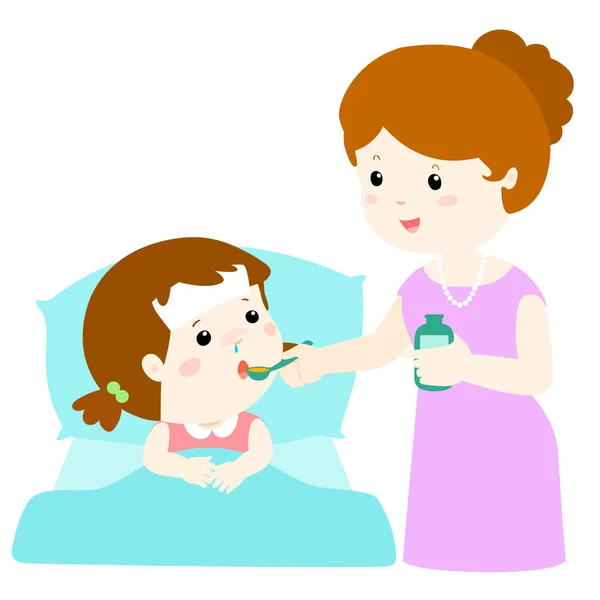Mother giving daughter medicine vector illustration. — Stock Vector