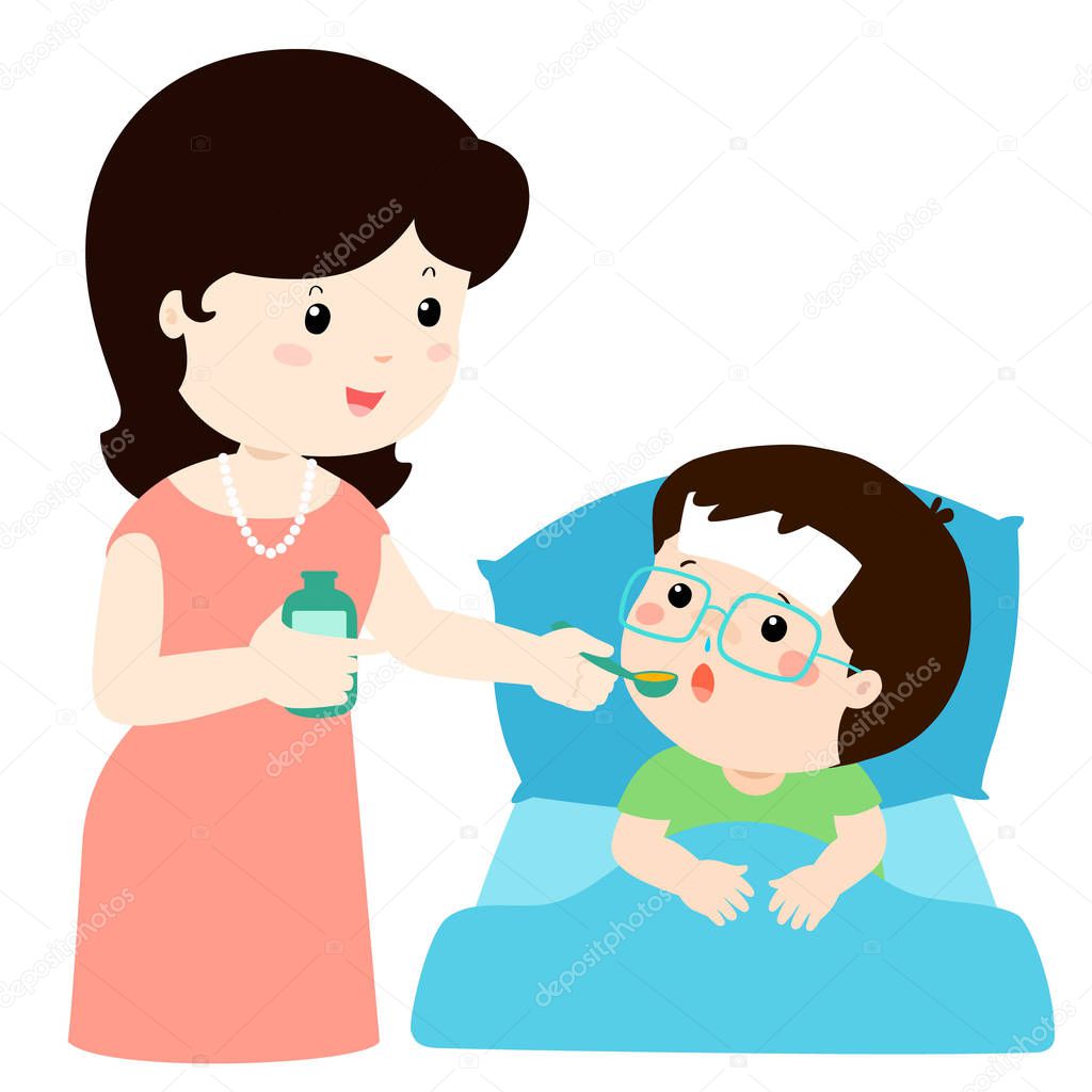 Mother giving son medicine vector illustration.