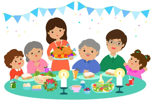 Familia feliz teniendo un vector de cena de Navidad . — Archivo Imágenes Vectoriales