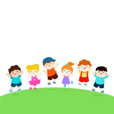 Boş şablon mutlu okul çok ırklı çocuklar sevinçle yarda vektör atlama.