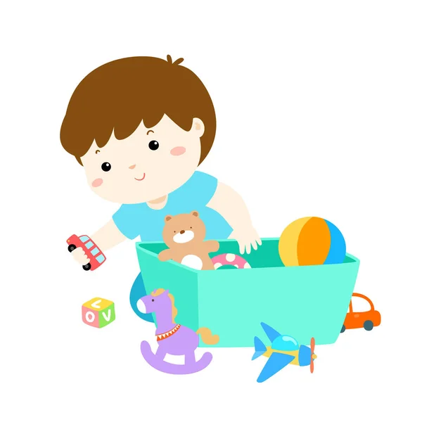Ilustrace dítě chlapce ukládání hraček. — Stockový vektor