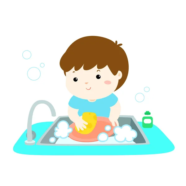 Illustration of happy boy washing dish on white background. — Stock Vector