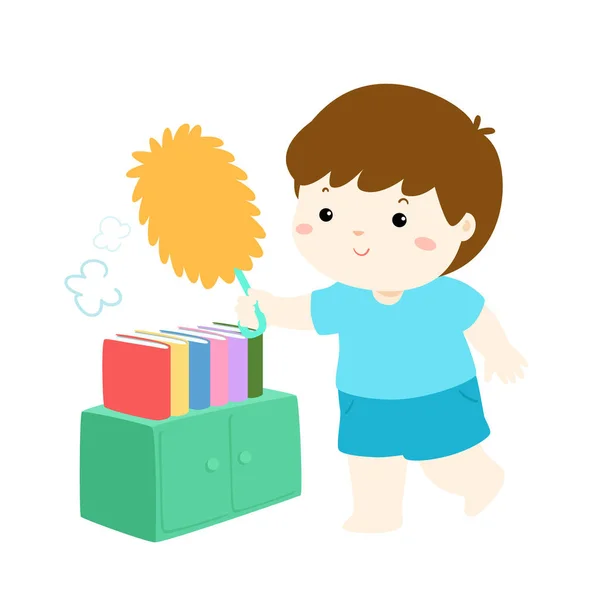 Cute boy wiping the dust from bookshelf vector. — Stock Vector