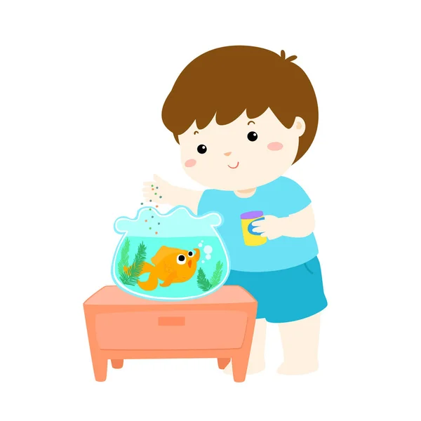 Ilustrace roztomilého chlapečka krmení ryb v akváriu karikatury — Stockový vektor