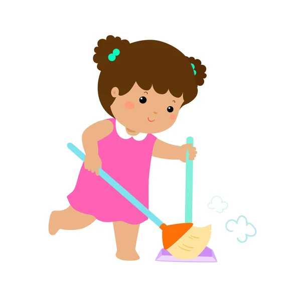 Cute girl sweeping the dust on a white background vector. — Stock Vector