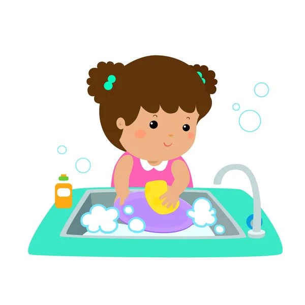 Illustration of happy girl washing dish on white background. — Stock Vector