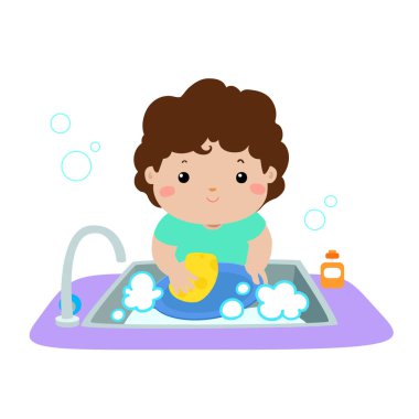 Mutlu çocuk çamaşır bulaşık beyaz arka plan üzerinde gösterimi.