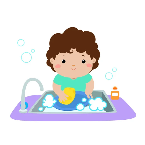 Illustration of happy boy washing dish on white background. — Stock Vector