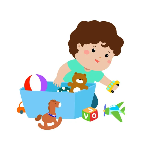 Illustration Smiling Kid Boy Storing His Toys Box — Stock Vector