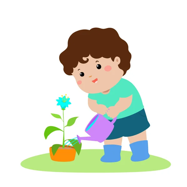 Bonito cartoon menino regar vetor planta . — Vetor de Stock